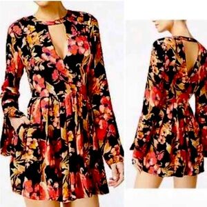 Tegan free people swing plunge mini dress long sleeved floral flowers 2 XS
